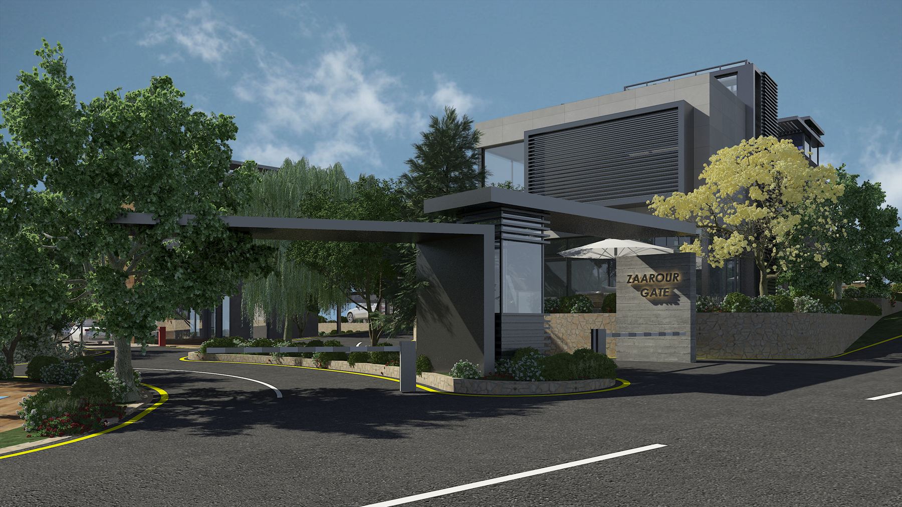 Architectural render of a project entrance: a long flat cantilevered canopy extends from a dark glazed gatehouse pavilion, beside a freestanding stone-clad sign wall carrying raised metal lettering reading Zaarour Gate, with a yellow-blossoming tree to the right and a grey stone and louvre residential block rising behind.