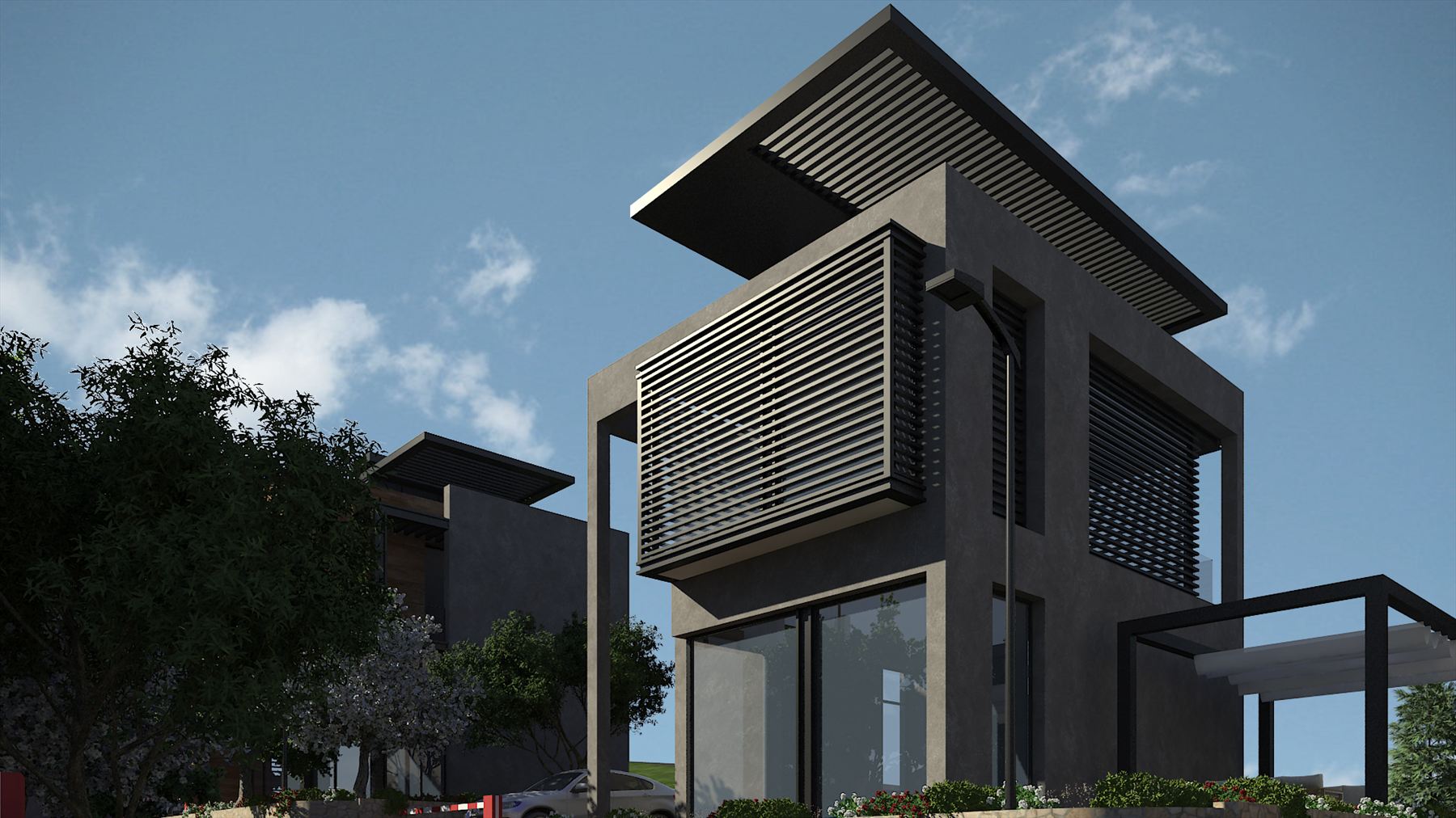 Low upward-angled architectural render of a dark charcoal villa, with a deep flat roof slab overhanging a stacked pair of horizontal louvred screen boxes projecting from the facade above full-height dark glazing, framed by leafy and pale-blossoming trees against a soft blue sky.